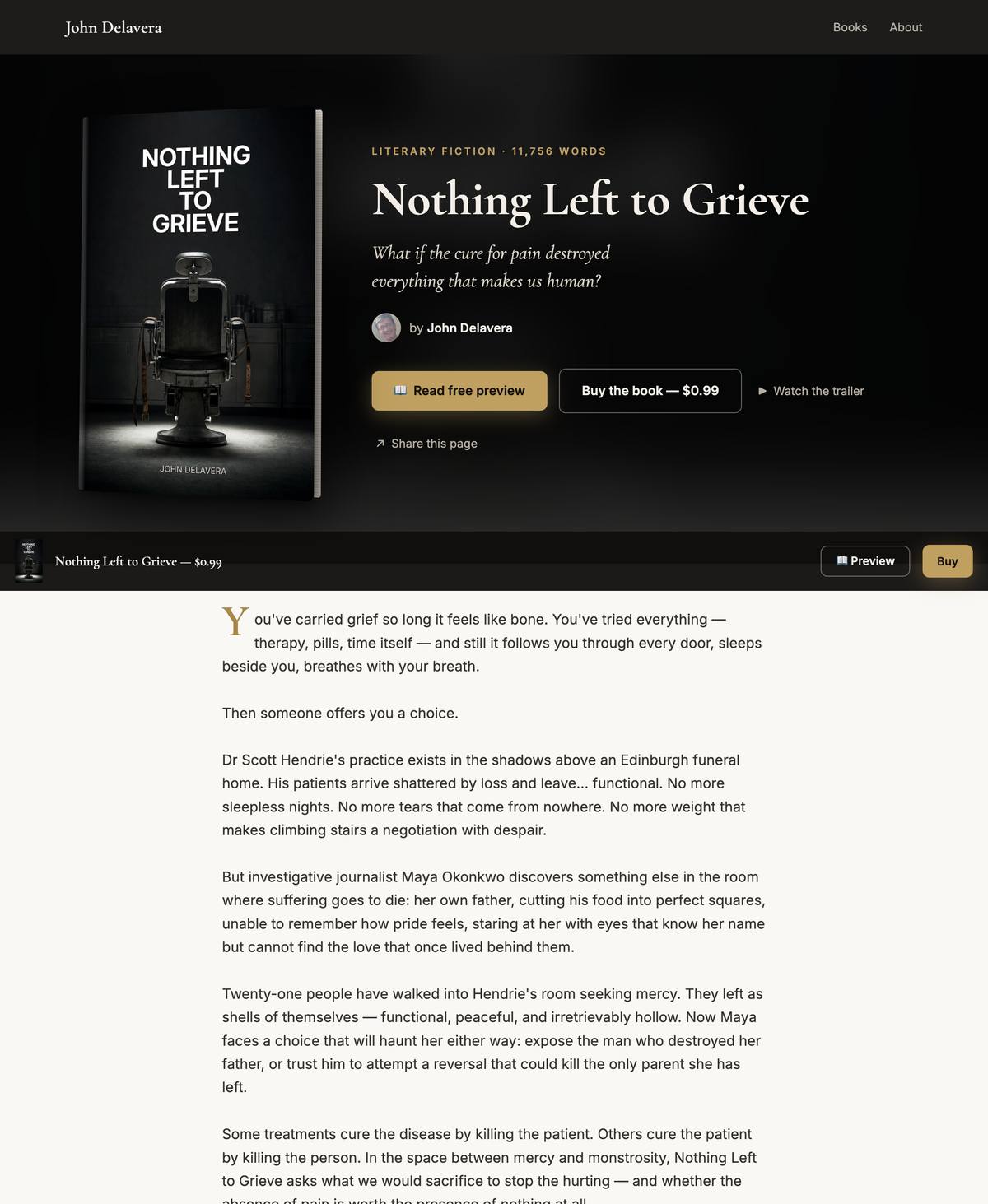 A JASM book page — cover, trailer, free preview, buy buttons